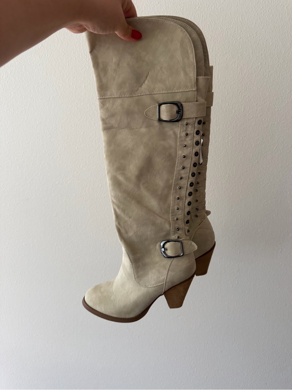 bohme Cream Suede Knee-High Studded Buckle Boots